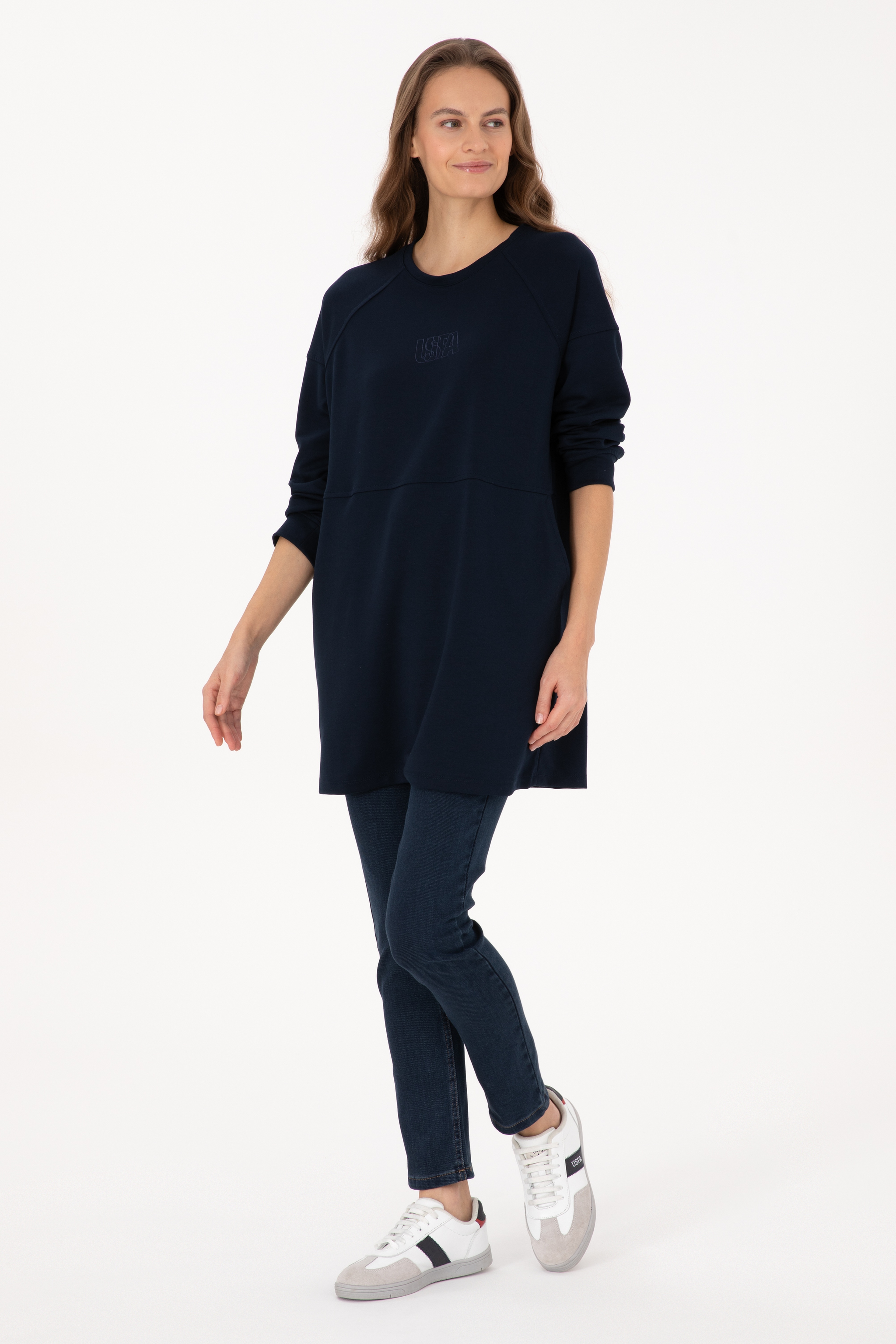 Kadın Lacivert Uzun Bisiklet Yaka Sweatshirt - Image 4