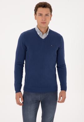 Erkek Slim Fit V Yaka İndigo Basic Kazak - 50313668055