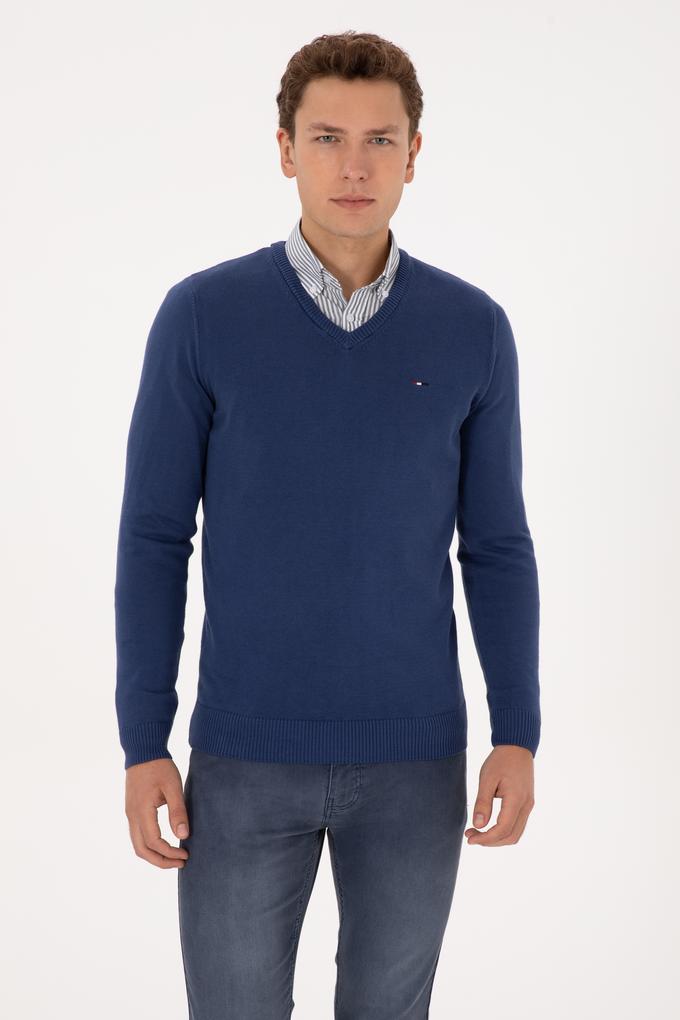 Erkek Slim Fit V Yaka İndigo Basic Kazak