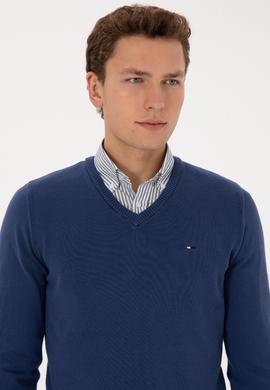 Erkek Slim Fit V Yaka İndigo Basic Kazak - 50313668055