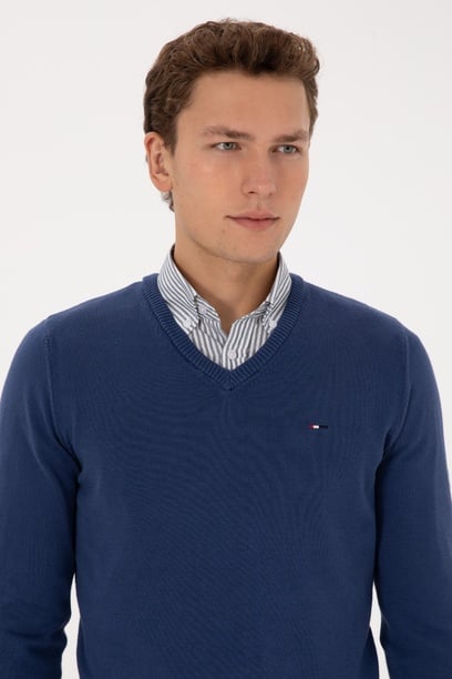 Erkek Slim Fit V Yaka İndigo Basic Kazak
