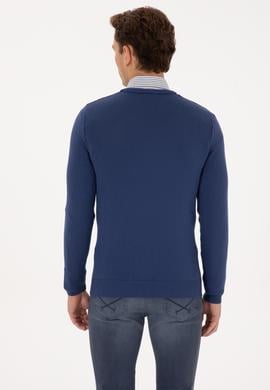 Erkek Slim Fit V Yaka İndigo Basic Kazak - 50313668055