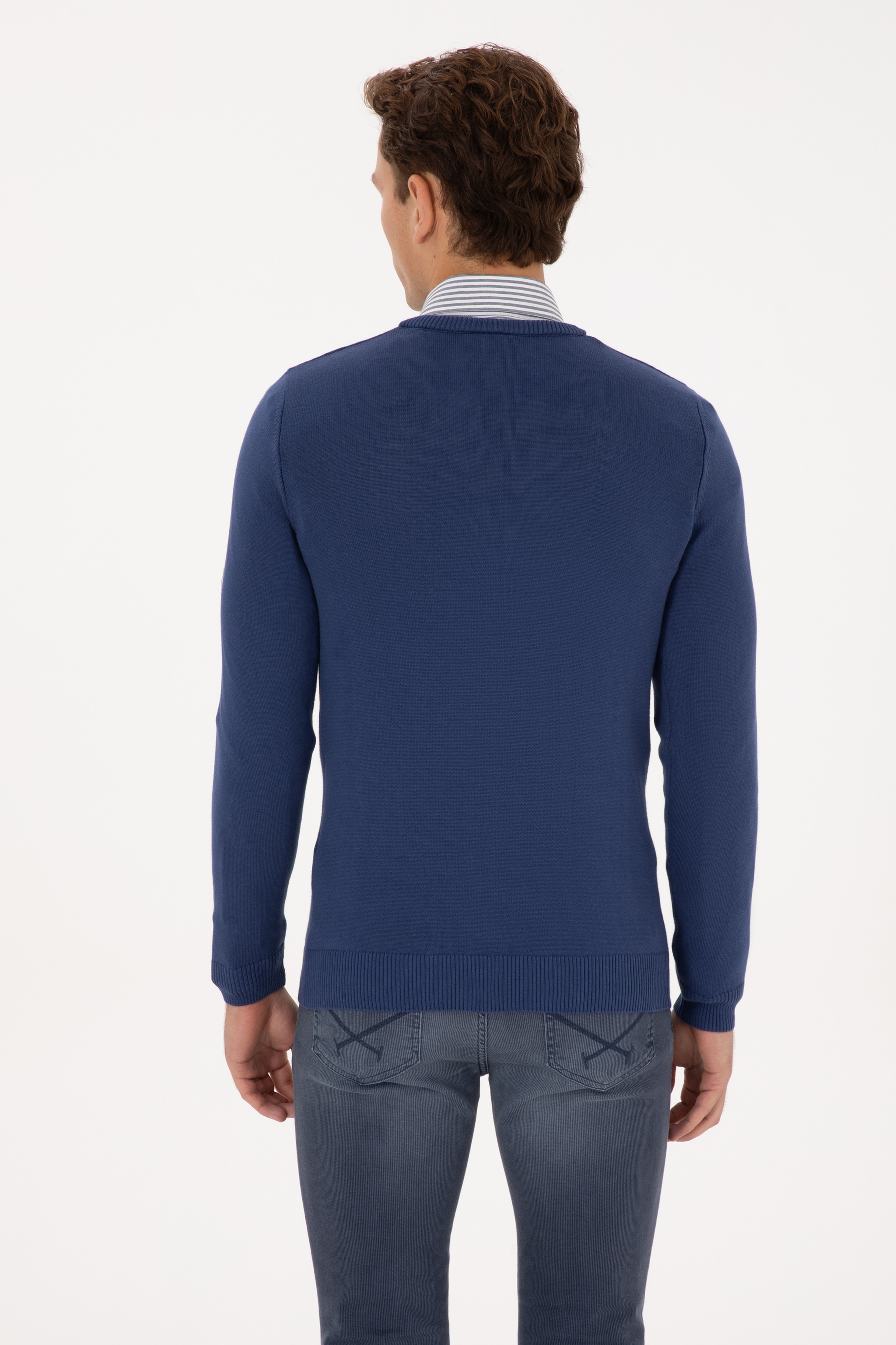 Erkek Slim Fit V Yaka İndigo Basic Kazak