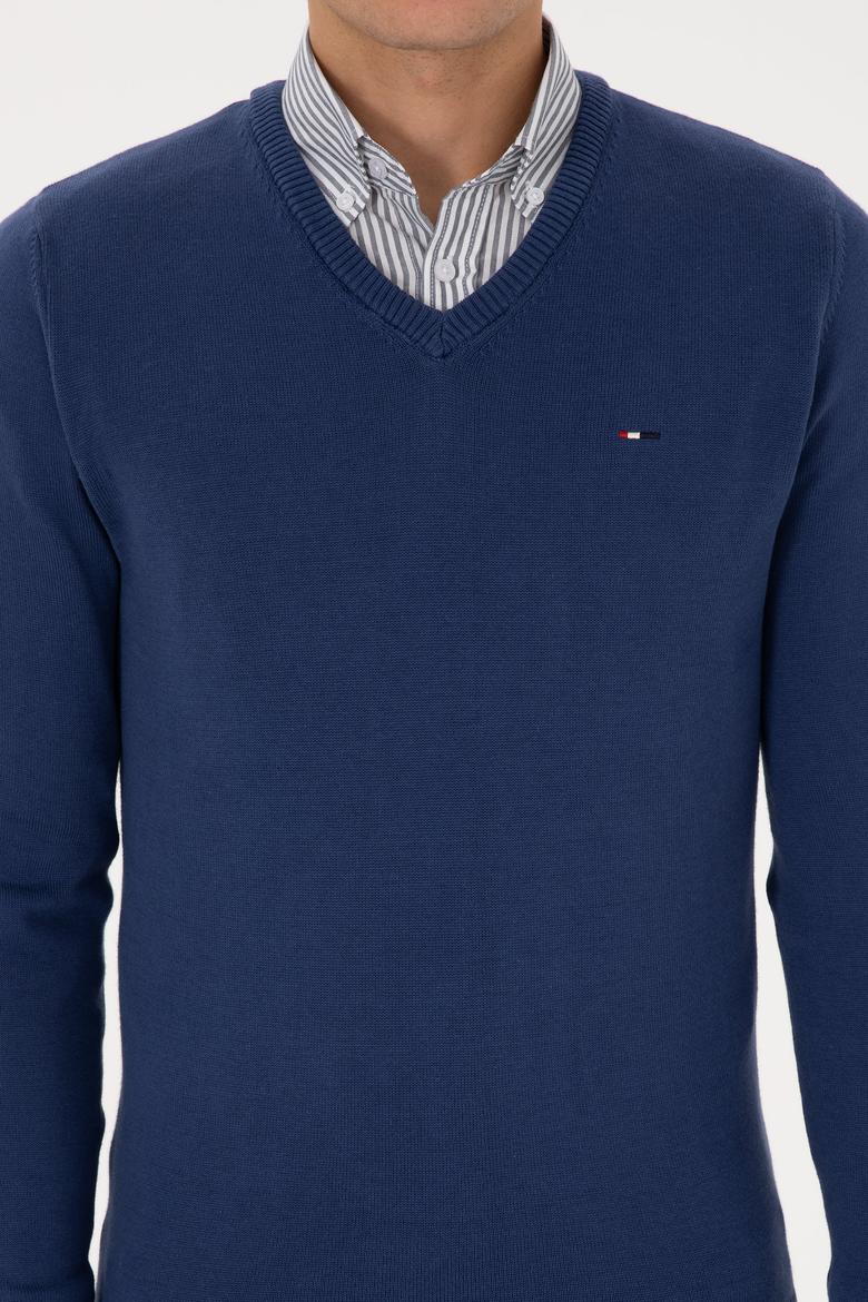 Erkek Slim Fit V Yaka İndigo Basic Kazak - 50313668055