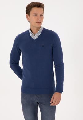 Erkek Slim Fit V Yaka İndigo Basic Kazak - 50313668055