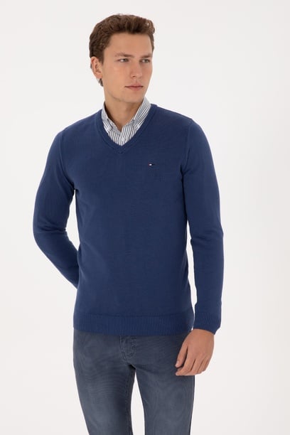 Erkek Slim Fit V Yaka İndigo Basic Kazak