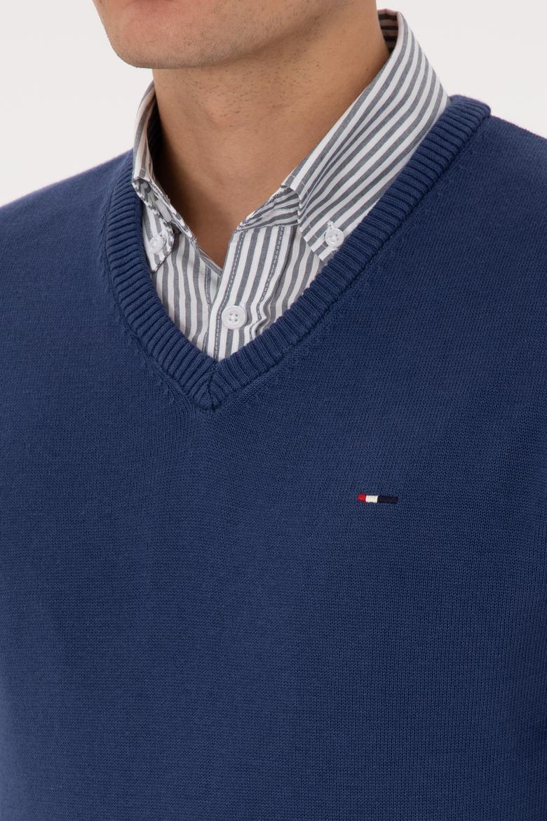 Erkek Slim Fit V Yaka İndigo Basic Kazak - 50313668055