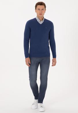 Erkek Slim Fit V Yaka İndigo Basic Kazak - 50313668055