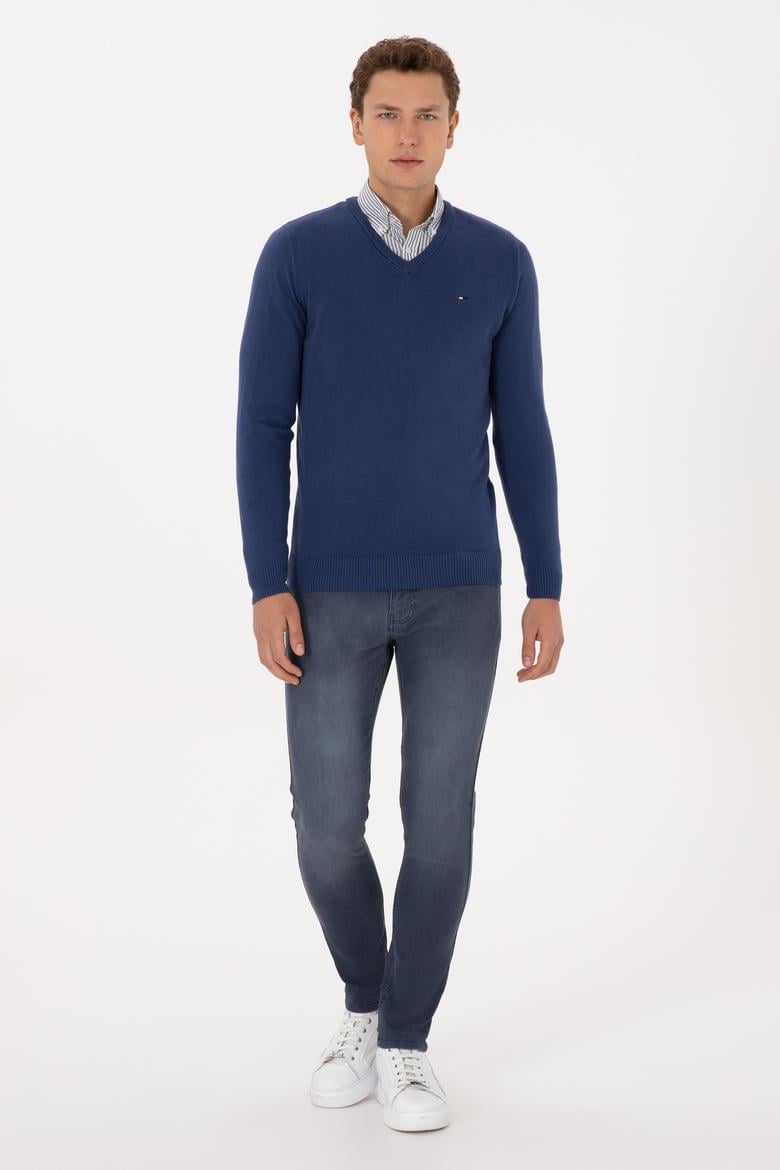 Erkek Slim Fit V Yaka İndigo Basic Kazak - 50313668055