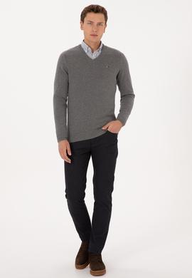 Erkek Slim Fit V Yaka Gri Melanj Basic Kazak - 50313668019