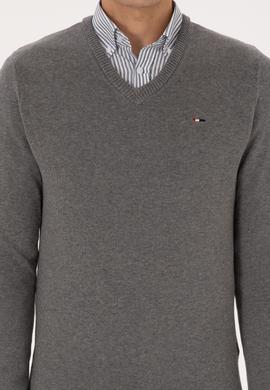 Erkek Slim Fit V Yaka Gri Melanj Basic Kazak - 50313668019