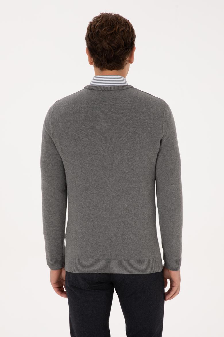 Erkek Slim Fit V Yaka Gri Melanj Basic Kazak - 50313668019