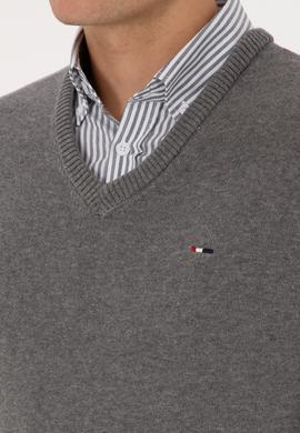 Erkek Slim Fit V Yaka Gri Melanj Basic Kazak - 50313668019