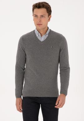 Erkek Slim Fit V Yaka Gri Melanj Basic Kazak - 50313668019