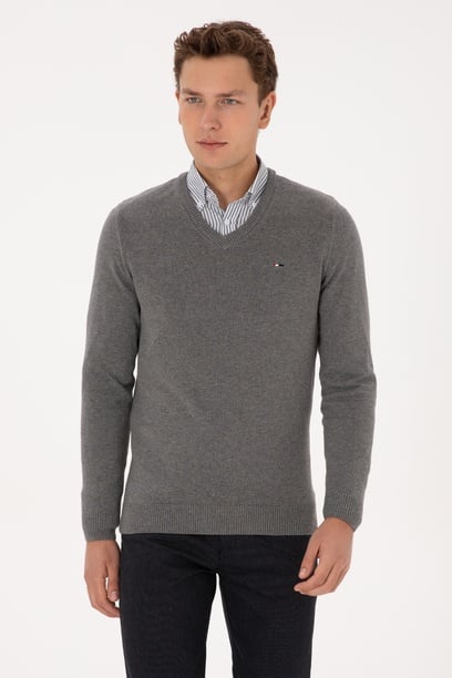 Erkek Slim Fit V Yaka Gri Melanj Basic Kazak