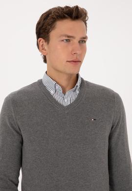 Erkek Slim Fit V Yaka Gri Melanj Basic Kazak - 50313668019