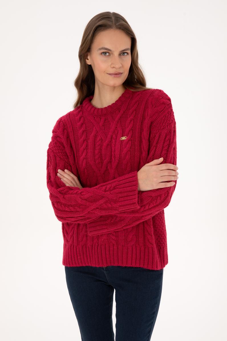 Kadın Koyu Frambuaz Bisiklet Yaka Kazak