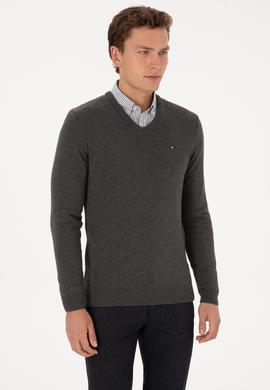 Erkek Slim Fit V Yaka Antrasit Melanj Basic Kazak - 50313668064