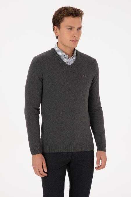 Erkek Slim Fit V Yaka Antrasit Melanj Basic Kazak