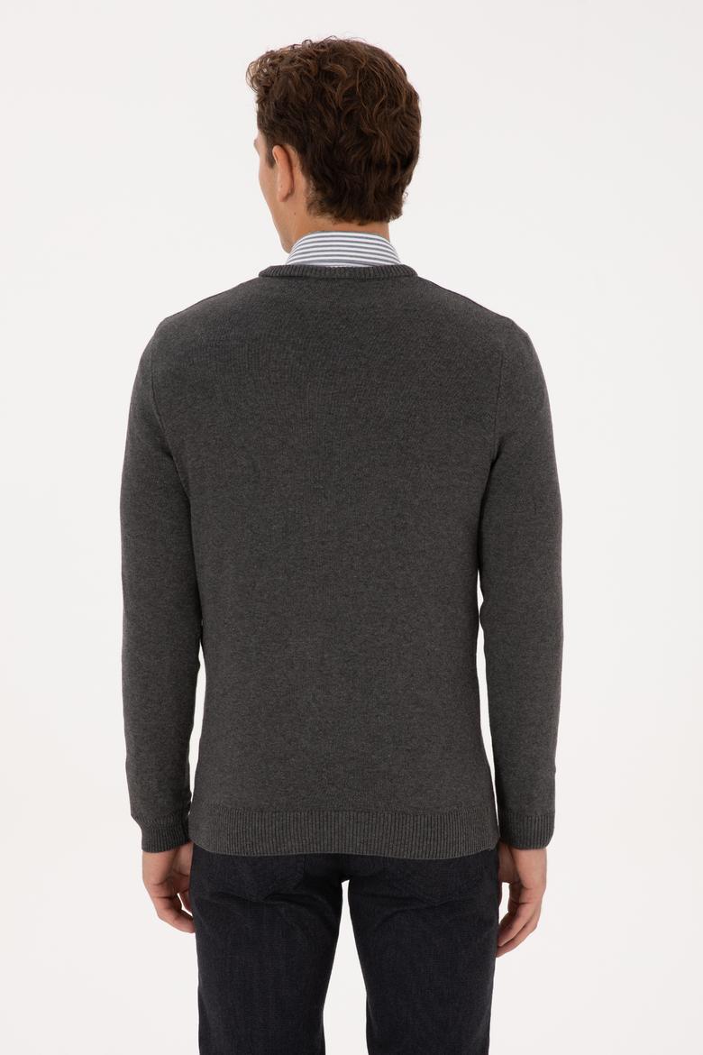 Erkek Slim Fit V Yaka Antrasit Melanj Basic Kazak - 50313668064