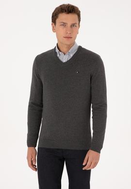 Erkek Slim Fit V Yaka Antrasit Melanj Basic Kazak - 50313668064