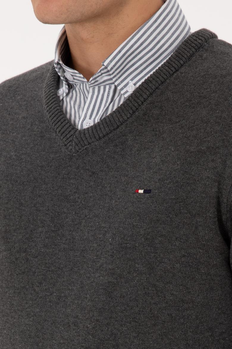 Erkek Slim Fit V Yaka Antrasit Melanj Basic Kazak - 50313668064