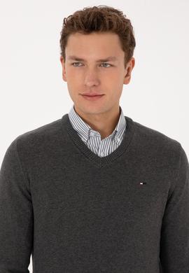 Erkek Slim Fit V Yaka Antrasit Melanj Basic Kazak - 50313668064