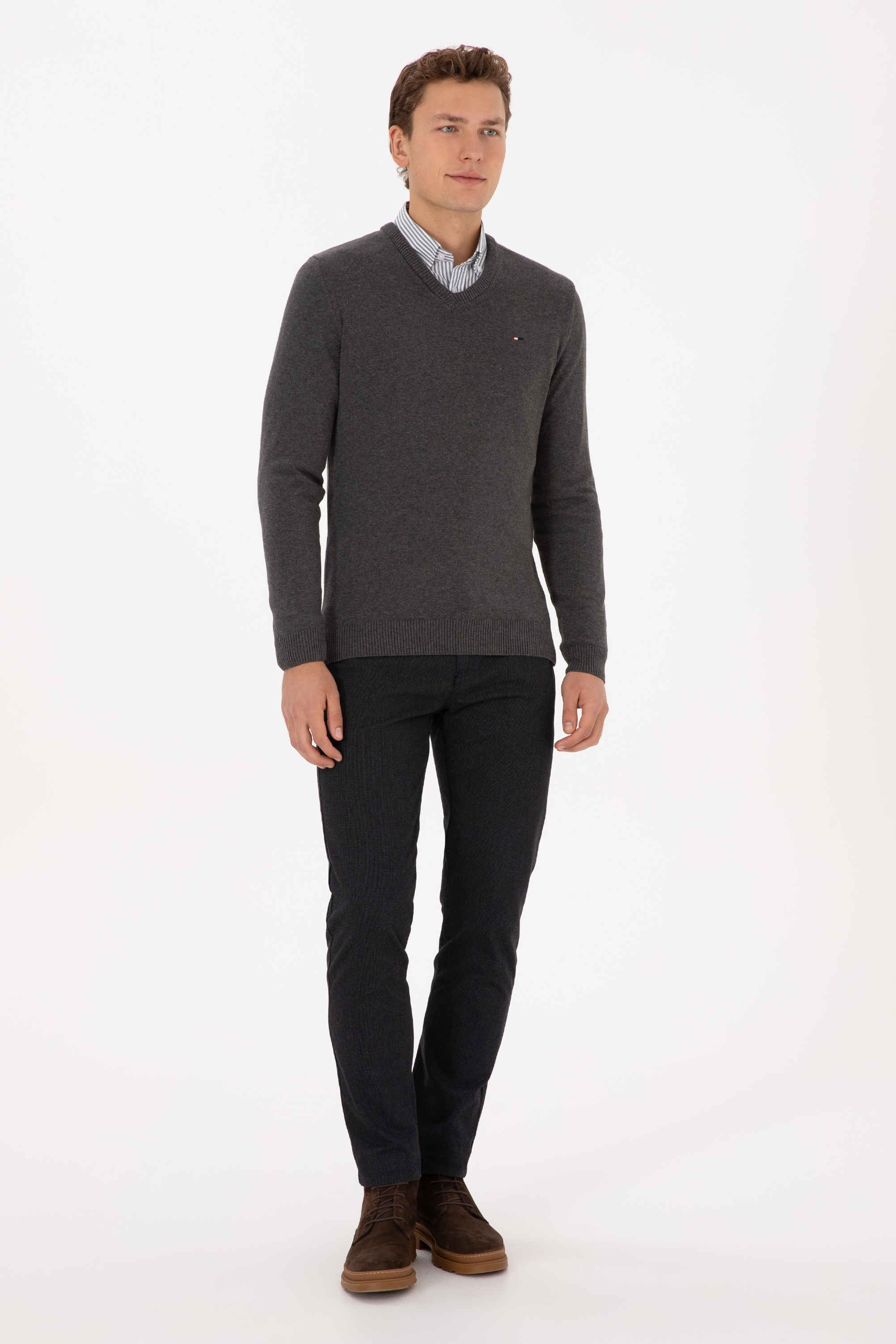 Erkek Slim Fit V Yaka Antrasit Melanj Basic Kazak