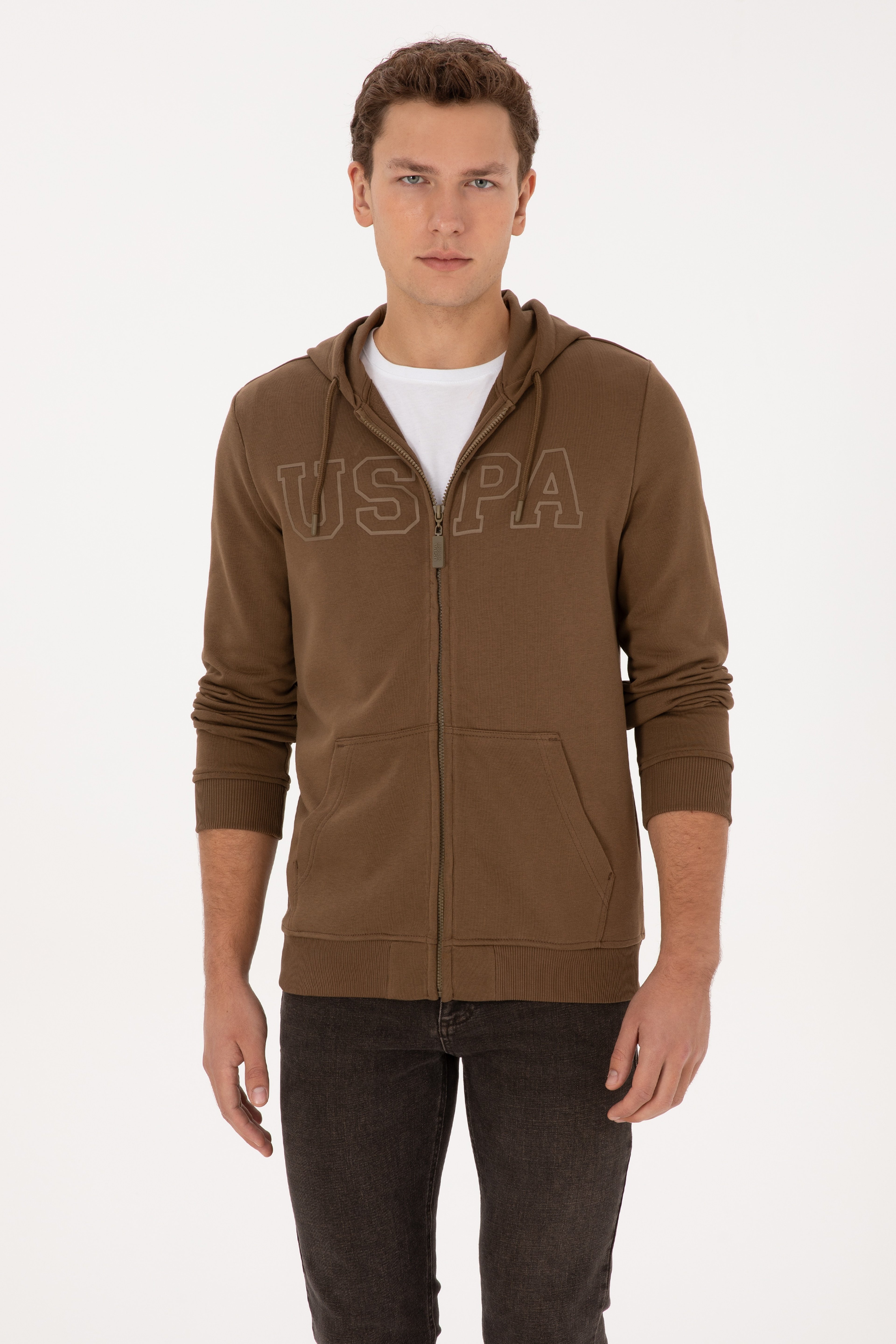 Erkek Regular Fit Fermuarlı Kapüşonlu Haki Örme Hırka - Image 3
