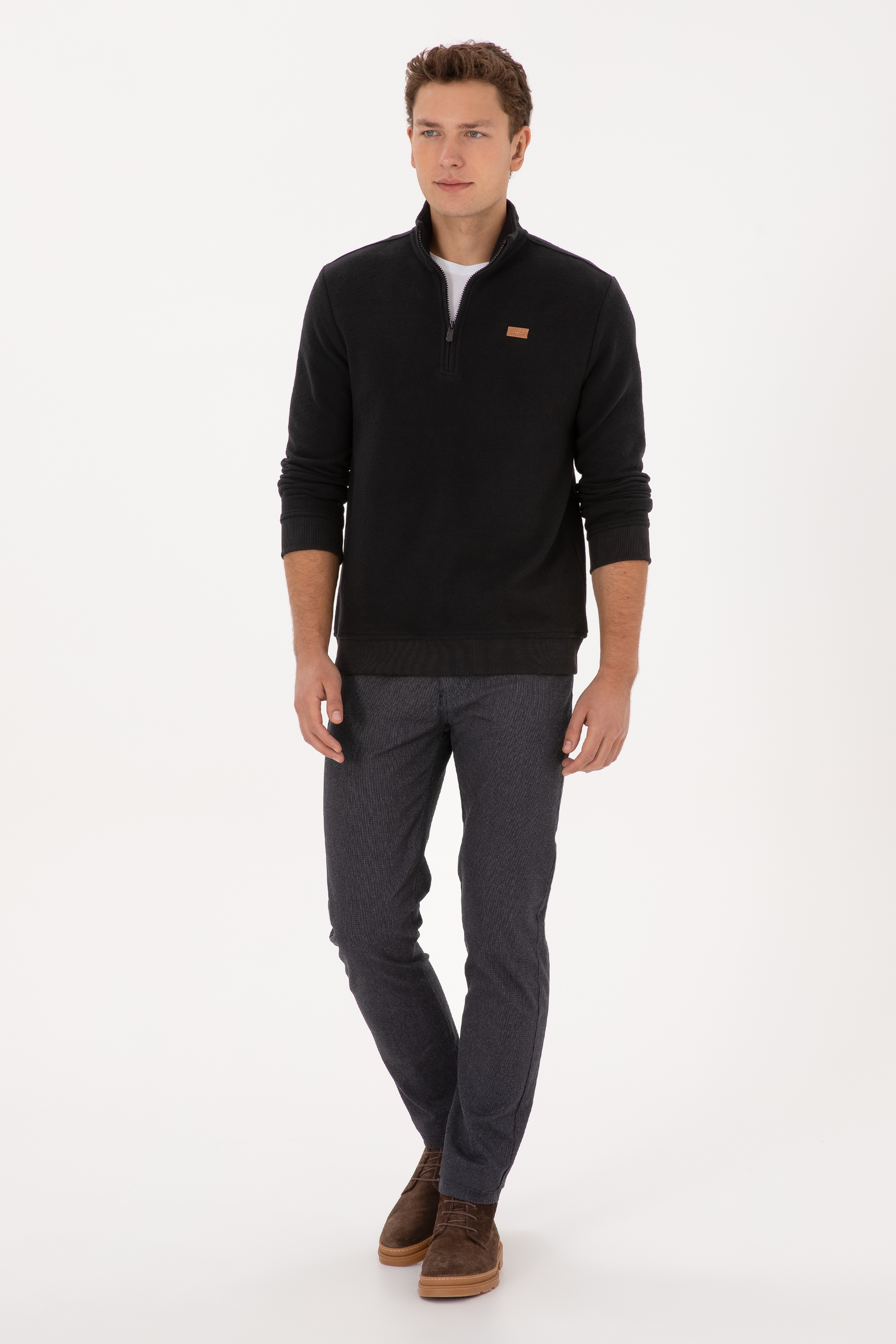 Erkek Regular Fit Yarım Fermuarlı Şardonlu Polo Yaka Siyah Basic Sweatshirt - Image 4
