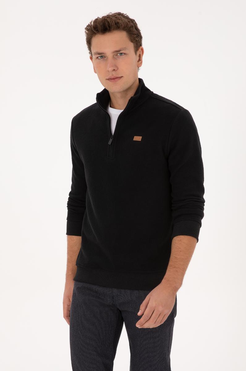 Erkek Regular Fit Yarım Fermuarlı Siyah Basic Sweatshirt