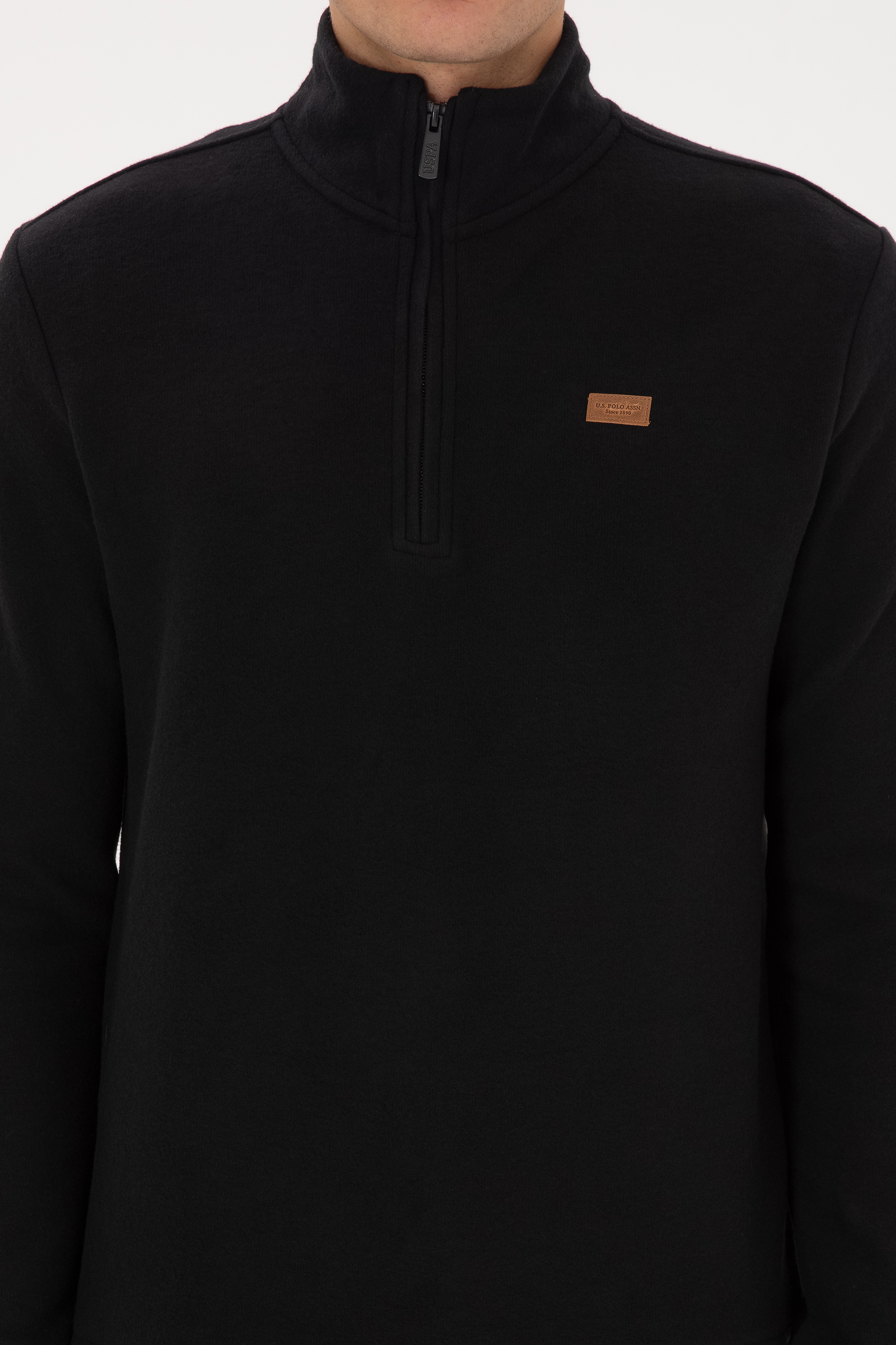 Erkek Regular Fit Yarım Fermuarlı Şardonlu Polo Yaka Siyah Basic Sweatshirt - Image 6