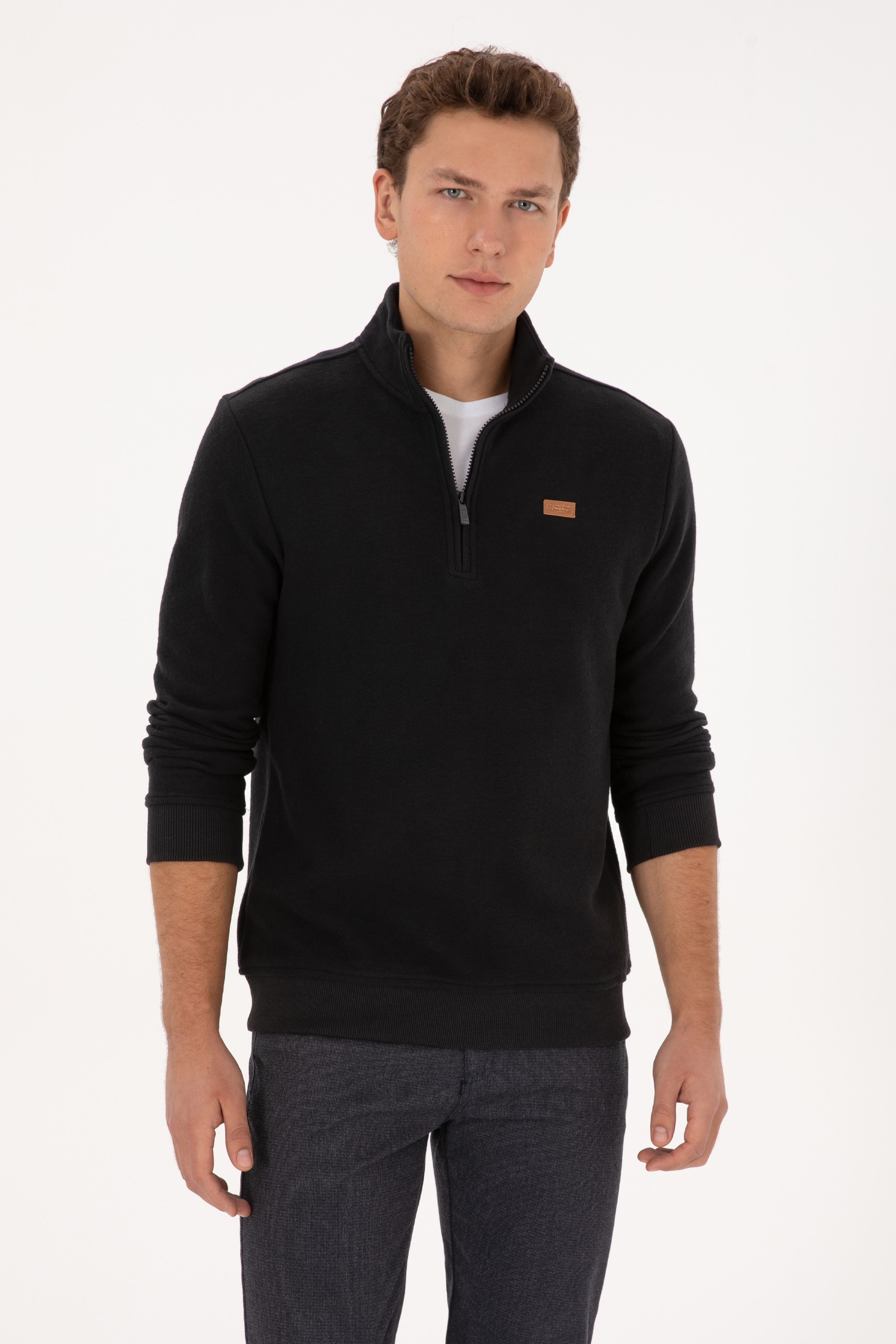 Erkek Regular Fit Yarım Fermuarlı Şardonlu Polo Yaka Siyah Basic Sweatshirt