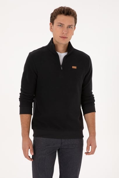 Erkek Regular Fit Yarım Fermuarlı Şardonlu Polo Yaka Siyah Basic Sweatshirt