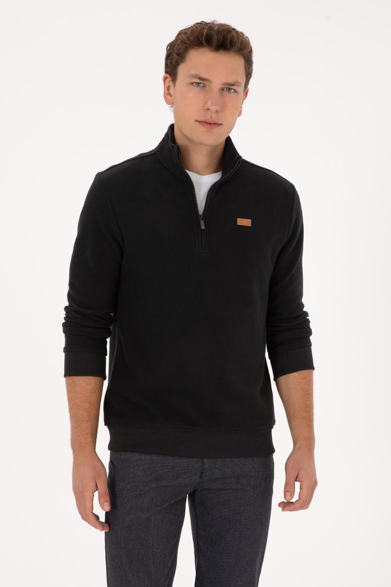 Erkek Regular Fit Yarım Fermuarlı Siyah Basic Sweatshirt - 50313802053