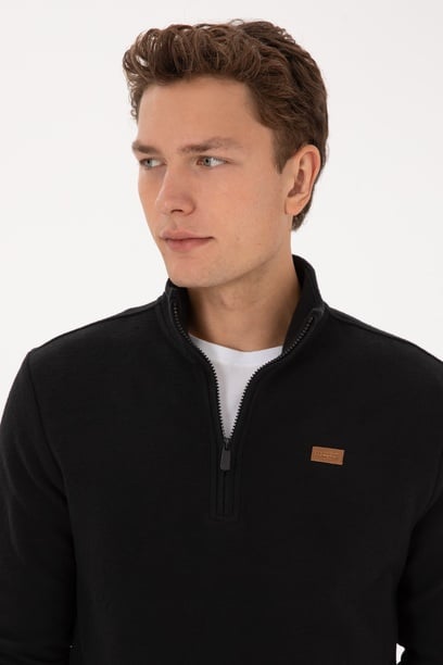 Erkek Regular Fit Yarım Fermuarlı Şardonlu Polo Yaka Siyah Basic Sweatshirt