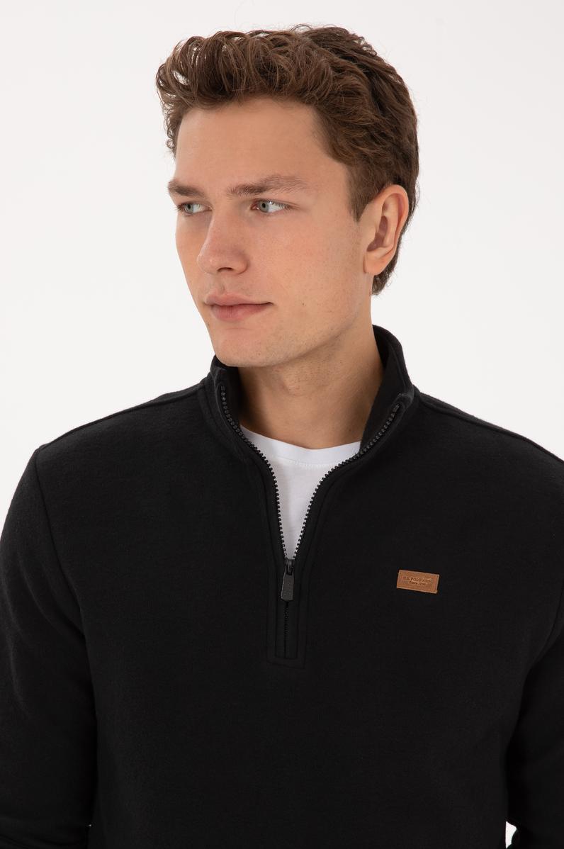 Erkek Regular Fit Yarım Fermuarlı Siyah Basic Sweatshirt
