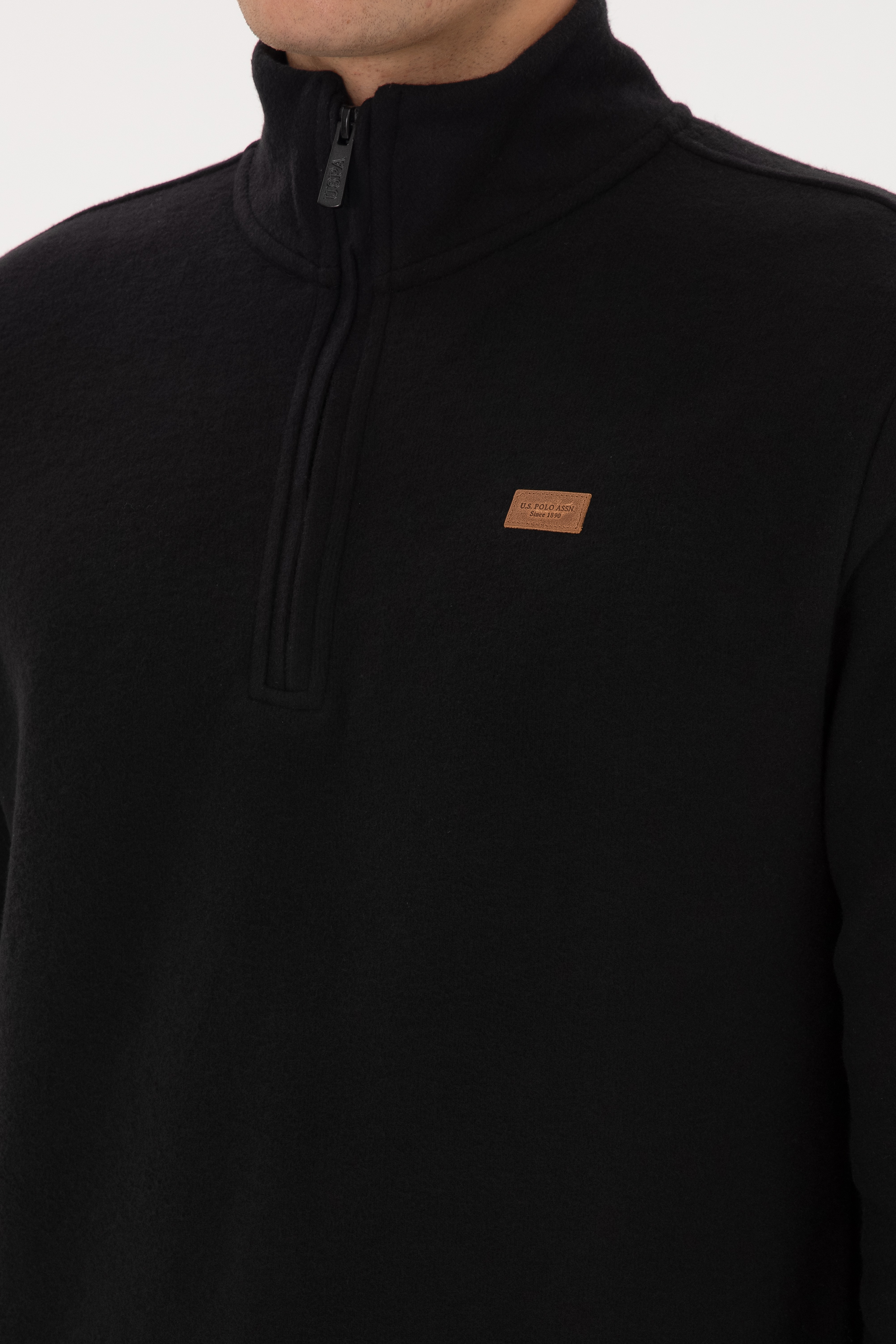 Erkek Regular Fit Yarım Fermuarlı Şardonlu Polo Yaka Siyah Basic Sweatshirt - Image 7