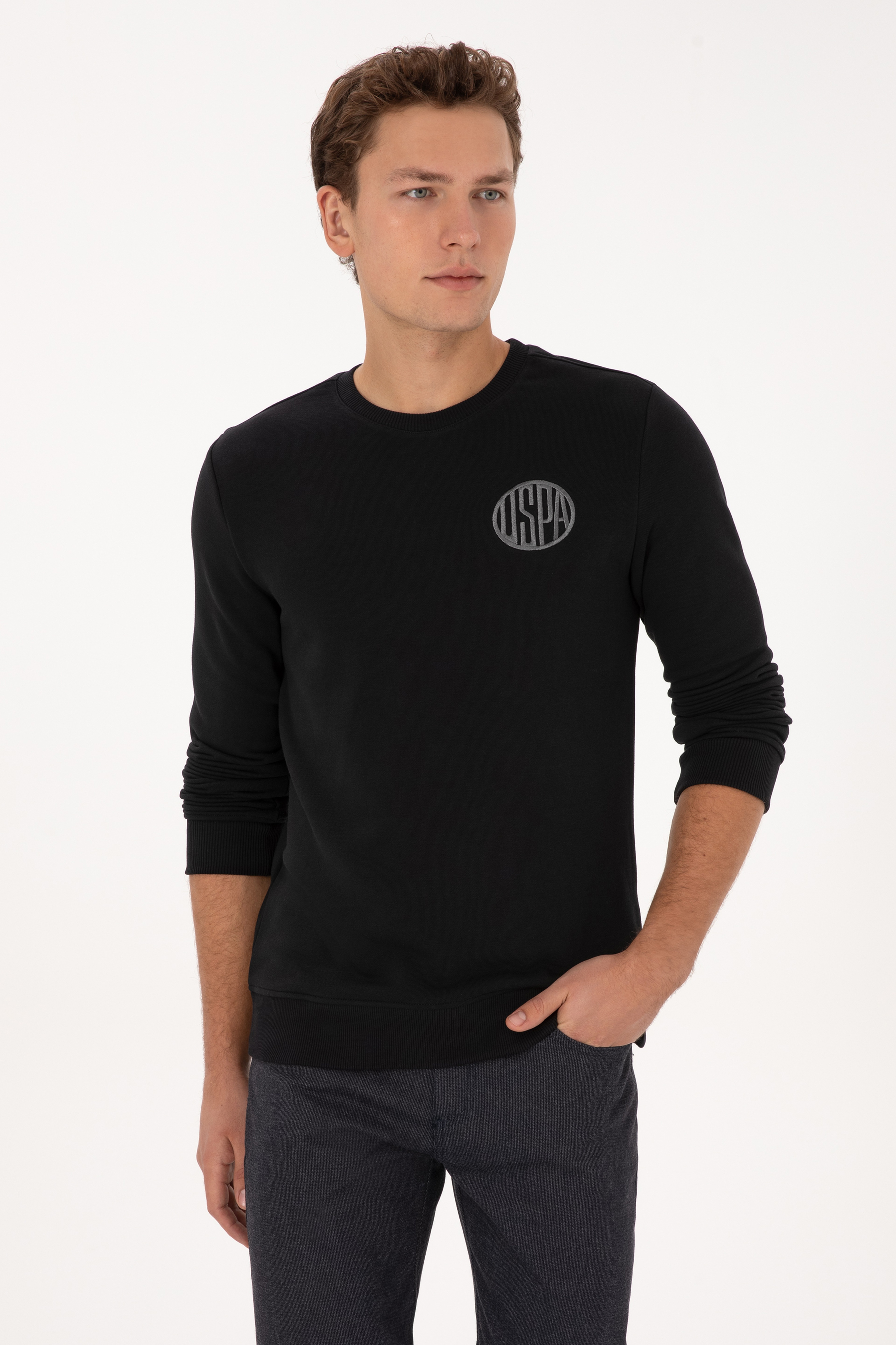 Erkek Regular Fit Bisiklet Yaka Siyah Sweatshirt - Image 1