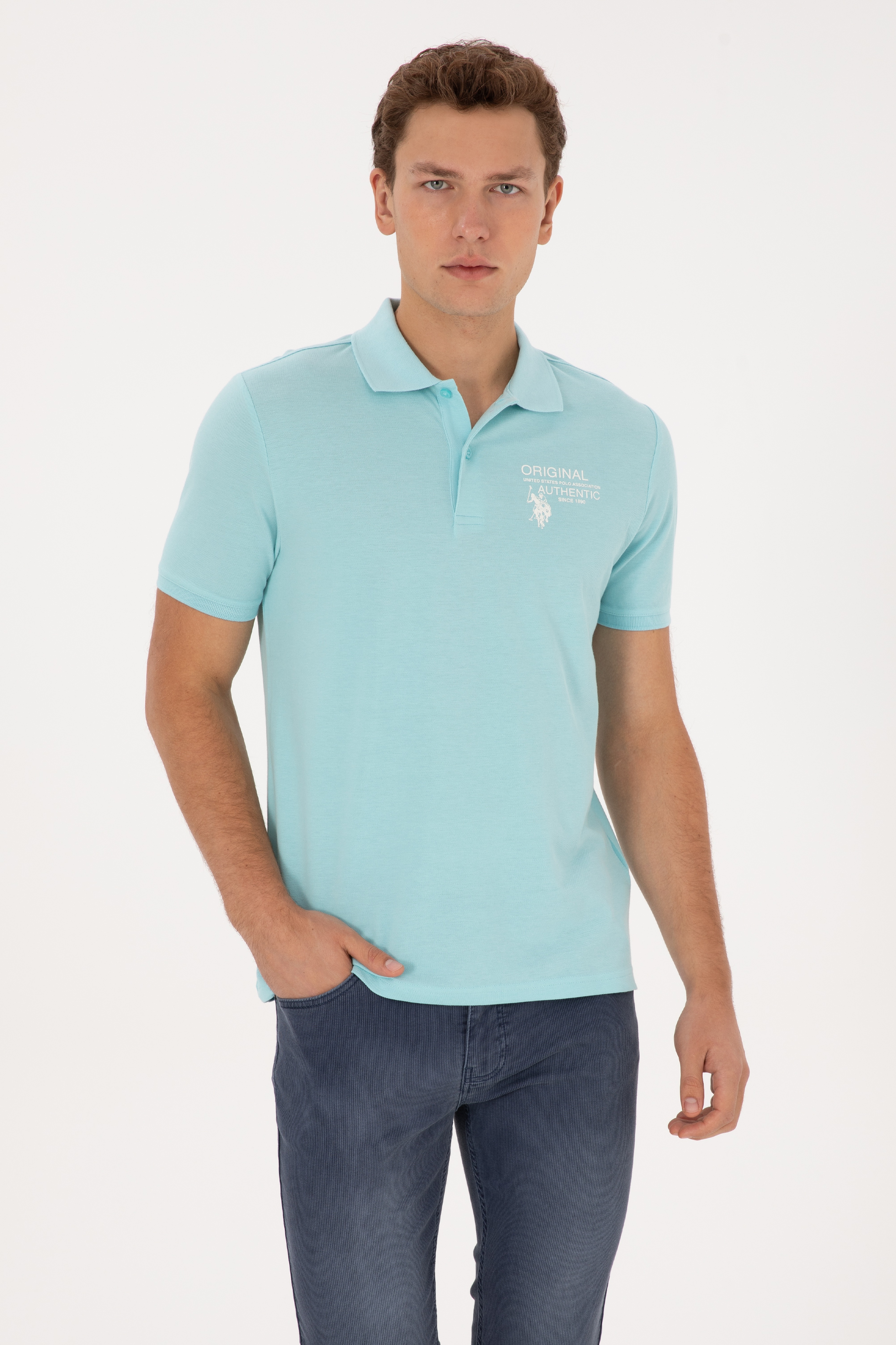 Erkek Regular Fit Polo Yaka Aqua Tişört