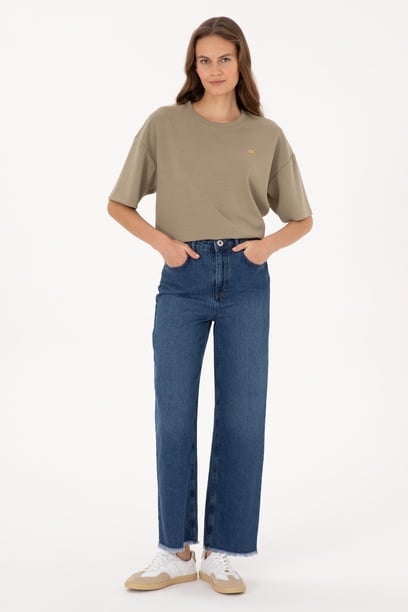 Kadın Mavi Loose Cropped Jean Pantolon