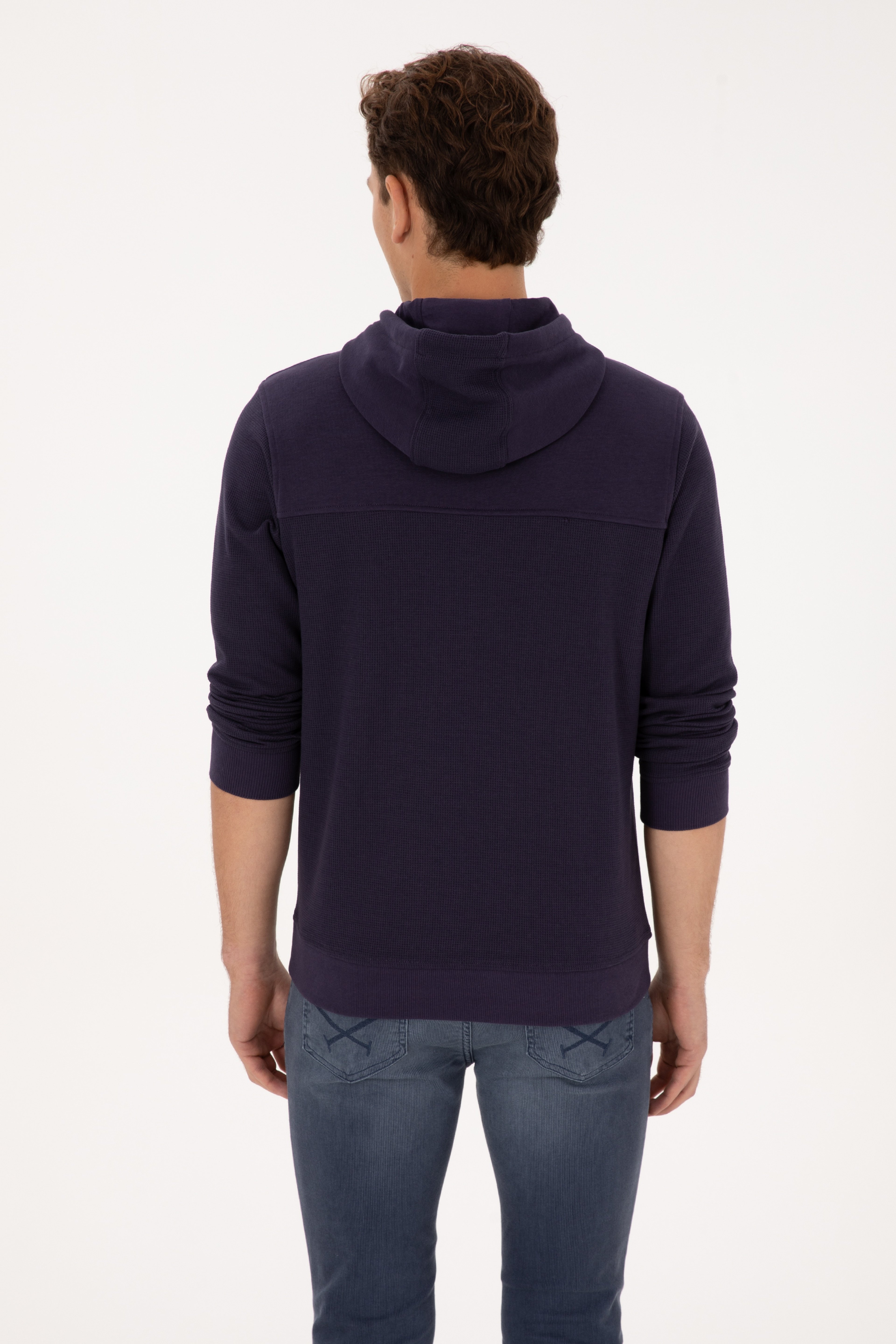 Erkek Regular Fit Kapüşonlu Petek Dokulu Mürdüm Sweatshirt