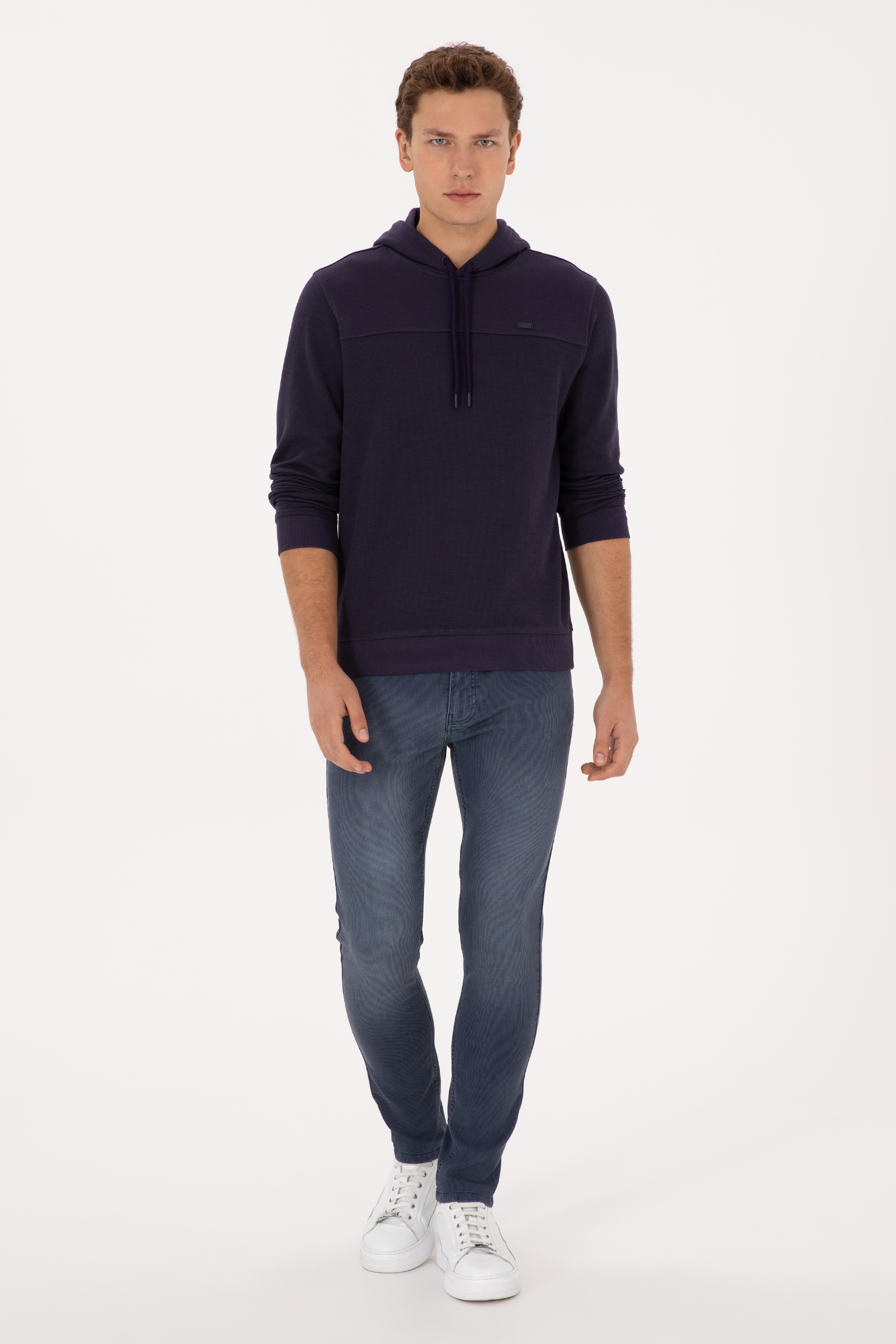 Erkek Regular Fit Kapüşonlu Petek Dokulu Mürdüm Sweatshirt