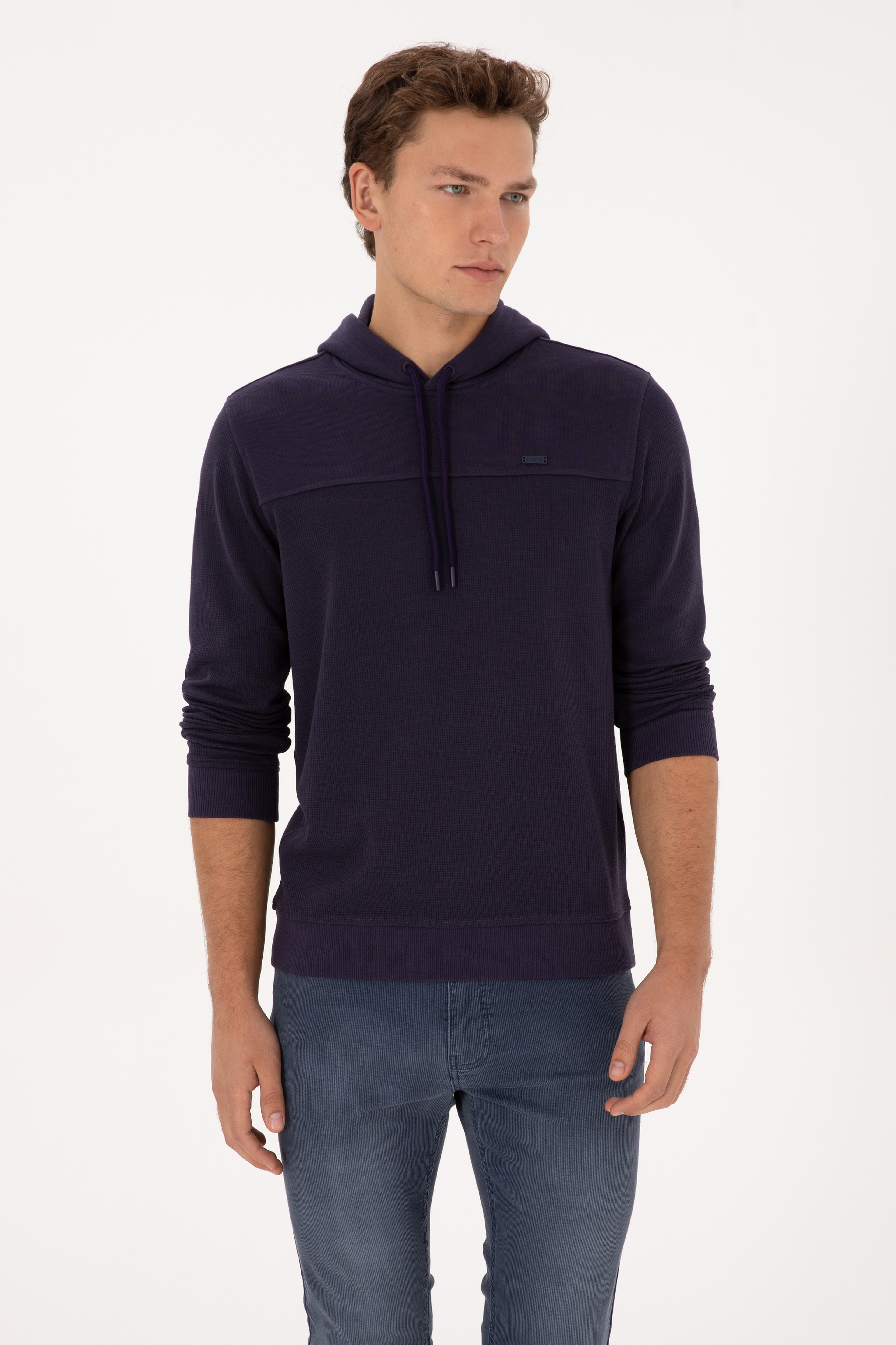 Erkek Regular Fit Kapüşonlu Petek Dokulu Mürdüm Sweatshirt - Image 1