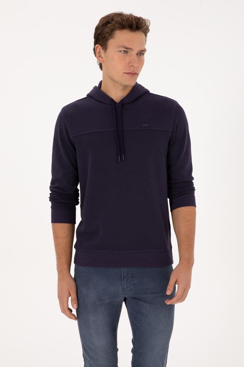 Erkek Regular Fit Kapüşonlu Petek Dokulu Mürdüm Sweatshirt