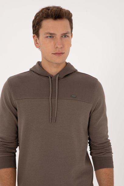 Erkek Regular Fit Kapüşonlu Petek Dokulu Vizon Sweatshirt