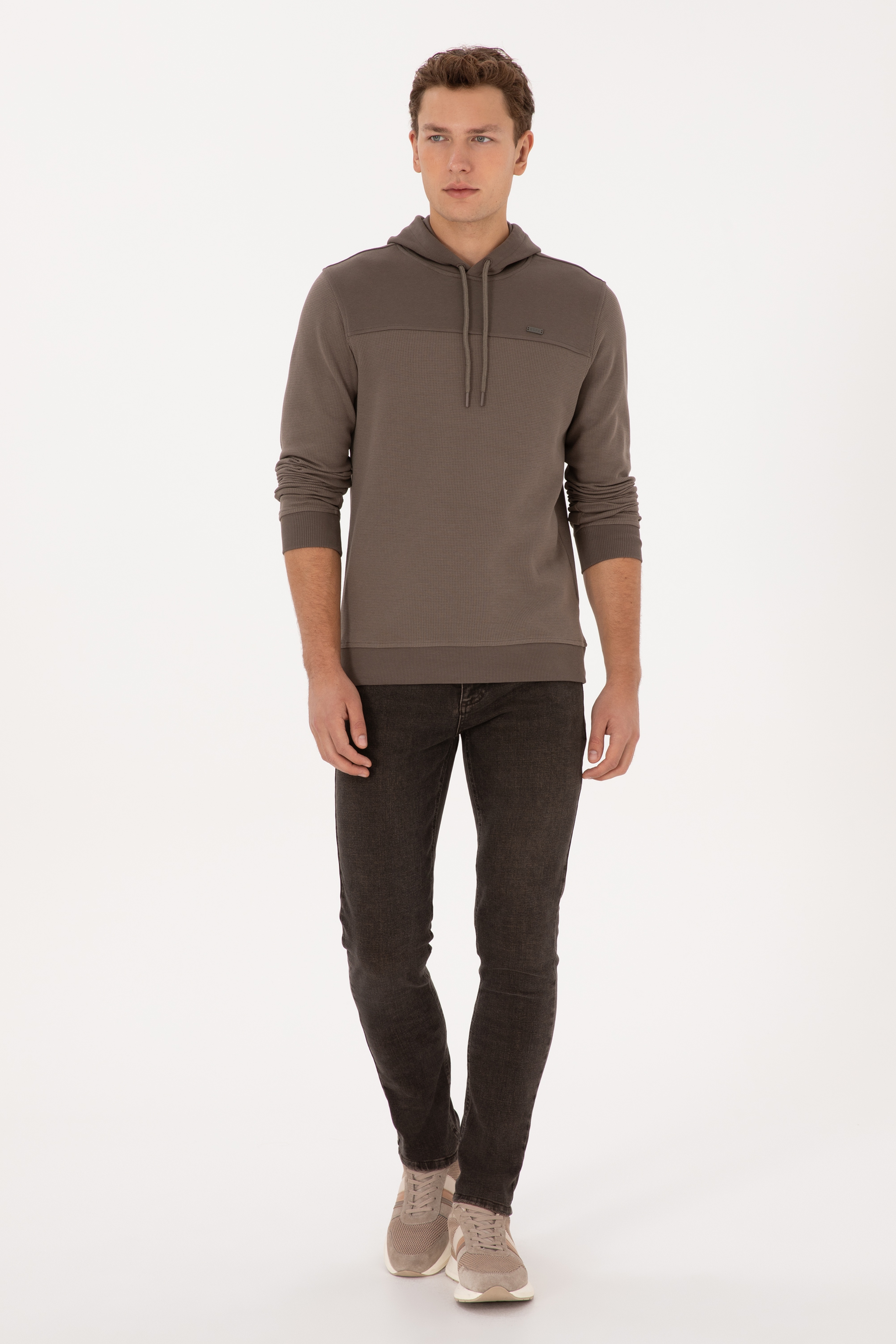 Erkek Regular Fit Kapüşonlu Petek Dokulu Vizon Sweatshirt - Image 4