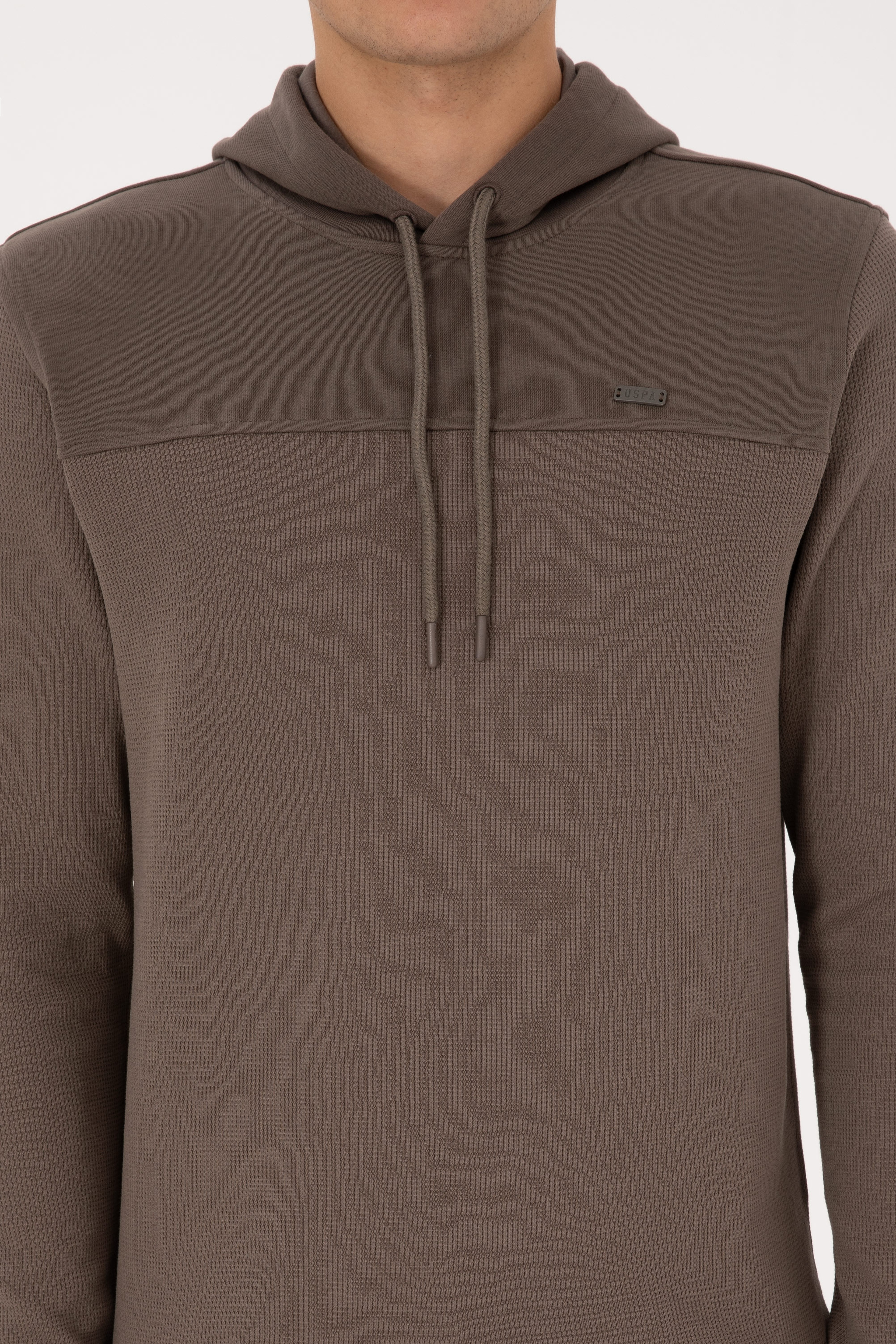 Erkek Regular Fit Kapüşonlu Petek Dokulu Vizon Sweatshirt - Image 6