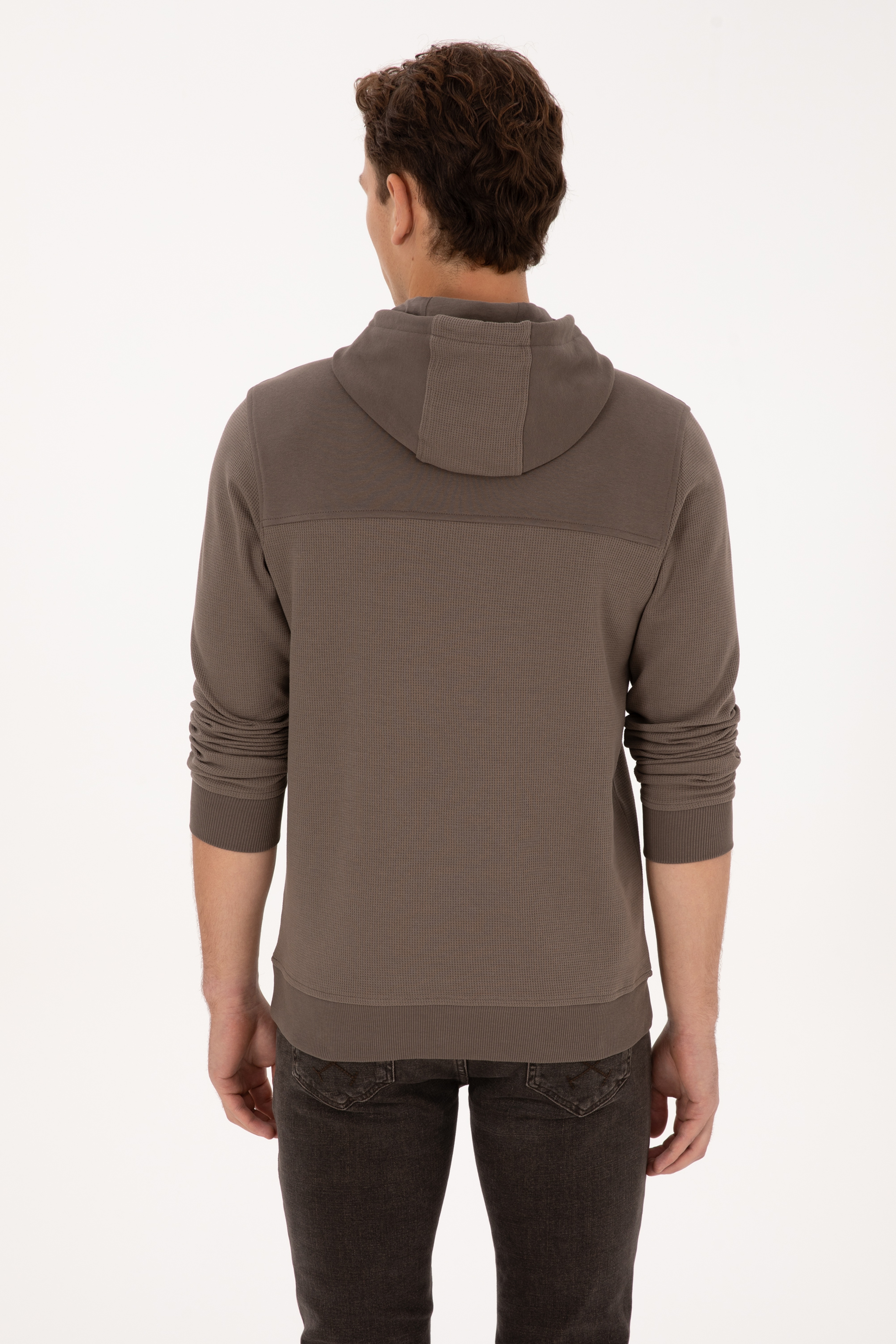 Erkek Regular Fit Kapüşonlu Petek Dokulu Vizon Sweatshirt