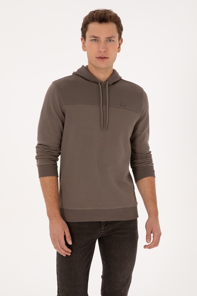 Erkek Regular Fit Kapüşonlu Petek Dokulu Vizon Sweatshirt